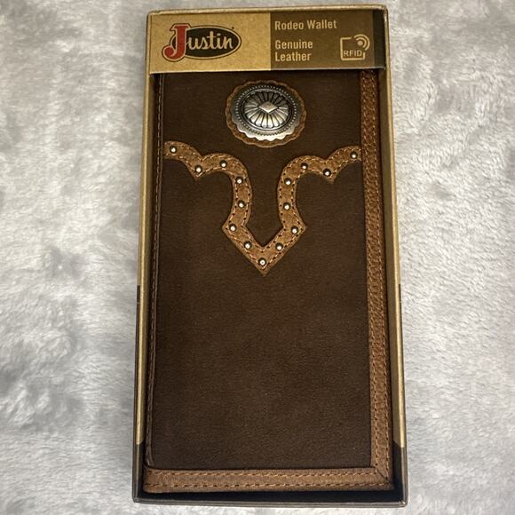 Justin Men's Rodeo Wallet Brown Suede Genuine Leather RFID Checkbook Western - Picture 1 of 9